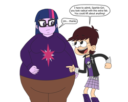 Size: 3000x2400 | Tagged: safe, artist:khxhero, sci-twi, twilight sparkle, equestria girls, g4, blushing, clothes, crossover, duo, duo female, fat, female, glasses, high res, luna loud, morbidly obese, obese, sci-twilard, simple background, speech bubble, sweater, the loud house, thought bubble, twilard sparkle, white background