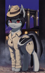 Size: 1848x3000 | Tagged: safe, artist:mrscroup, oc, oc only, bat pony, pony, bat pony oc, bat wings, city, clothes, detective, fangs, hat, high res, male, red eyes, smiling, solo, wings
