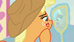 Size: 1920x1080 | Tagged: safe, screencap, applejack, earth pony, pony, g4, the mane attraction, female, hoofsies, mare, mirror