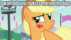 Size: 1920x1080 | Tagged: safe, edit, edited screencap, screencap, applejack, earth pony, pony, g4, the mane attraction, caption, female, hoofsies, image macro, mare, solo, text