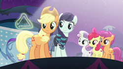 Size: 1920x1080 | Tagged: safe, screencap, apple bloom, applejack, coloratura, scootaloo, sweetie belle, earth pony, pegasus, pony, unicorn, g4, the mane attraction, apple bloom's bow, applejack's hat, bow, cowboy hat, female, glowing horn, hair bow, hat, horn, levitation, magic, magic aura, mare, rara, sweetie belle's magic brings a great big smile, telekinesis, triangle