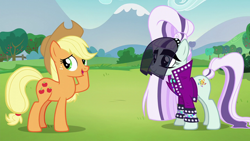 Size: 1920x1080 | Tagged: safe, screencap, applejack, coloratura, earth pony, pony, g4, the mane attraction, clothes, countess coloratura, female, jacket, mare, veil