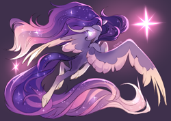 Size: 4093x2894 | Tagged: safe, artist:shore2020, princess luna, alicorn, pony, g4, alicorn oc, curved horn, ethereal mane, flowing mane, flying, glowing eyes, horn, long mane, long tail, solo, spread wings, starry mane, underhoof, wings