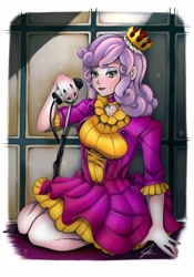 Size: 1280x1833 | Tagged: safe, artist:jennobasilicum, sweetie belle, human, g4, breasts, busty sweetie belle, choker, clothes, crown, dress, eyeshadow, female, human coloration, humanized, jewelry, makeup, microphone, microphone stand, older, older sweetie belle, regalia, signature, solo