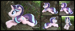 Size: 4147x1754 | Tagged: safe, artist:peruserofpieces, starlight glimmer, pony, unicorn, g4, beanie, beanie (plushie), female, hat, irl, looking at you, lying down, mare, multiple views, photo, plushie, prone, smiling, smiling at you, solo, tree