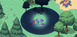 Size: 1240x600 | Tagged: safe, trixie, oc, oc:wind pie, pony, pony town, g4, magic, night, sky, stars, tree