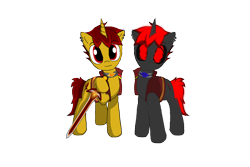 Size: 1800x1200 | Tagged: artist needed, safe, oc, oc only, pony, unicorn, 2021 community collab, derpibooru community collaboration, duo, glowing eyes, male, simple background, stallion, sword, transparent background, weapon