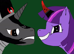 Size: 2338x1700 | Tagged: safe, artist:ilovefireanddragons, king sombra, twilight sparkle, pony, umbrum, unicorn, g4, 1000 hours in ms paint, alternate universe, armor, bevor, chestplate, colored horn, criniere, croupiere, crown, cuirass, curved horn, dark magic, duo, evil twilight, fauld, gorget, green background, helmet, horn, jewelry, king sideburns, magic, peytral, plackart, regalia, simple background, sombra horn, tiara, unicorn twilight