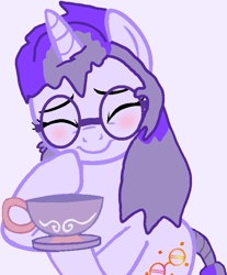 Size: 971x1174 | Tagged: safe, artist:mellow91, oc, oc only, oc:glass sight, pony, unicorn, 1000 hours in ms paint, blushing, cup, cute, eyes closed, food, giggling, glasses, ocbetes, simple background, smiling, solo, tea, teacup