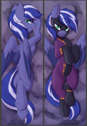 Size: 624x904 | Tagged: safe, artist:beardie, oc, oc only, oc:lightning flare, pegasus, pony, body pillow, body pillow design, butt, clothes, costume, cute, female, looking at you, plot, shadowbolts, shadowbolts costume, solo, tongue out