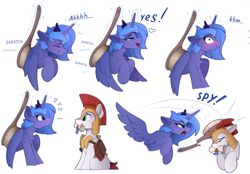 Size: 2300x1604 | Tagged: safe, artist:yakovlev-vad, princess luna, alicorn, earth pony, pony, g4, ..., abuse, angry, armor, back scratching, blushing, bonk, brush, brushie, brushing, caught, chest fluff, colored, cute, duo, ear fluff, emanata, embarrassed, eye contact, eyes closed, female, floppy ears, frown, galea, glare, glowing horn, grin, heart, helmet, hitting, horn, lacrimal caruncle, leg fluff, levitation, lidded eyes, lip bite, looking at each other, lunabetes, madorable, magic, magic aura, male, mare, mouth hold, onomatopoeia, open mouth, royal guard, royal guard armor, s1 luna, scratching, scroll, sidemouth, simple background, sitting, slender, smack, smiling, spread wings, spy, stallion, sweat, sweatdrop, telekinesis, text, thin, wall of tags, white background, wide eyes, wings