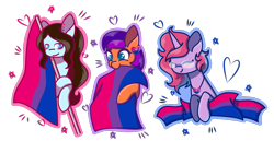 Size: 1062x547 | Tagged: safe, artist:kb-gamerartist, oc, oc only, oc:jade harmony, oc:krissy, oc:lilac, earth pony, pegasus, pony, unicorn, bisexual pride flag, cute, ear piercing, earring, eyes closed, female, flag, glasses, heart, jewelry, mare, necklace, piercing, pride, pride flag, simple background, transparent background