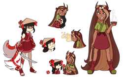 Size: 3000x1895 | Tagged: safe, artist:kb-gamerartist, oc, oc only, oc:flaming broth, oc:little kit, human, kitsune, angry, annoyed, asian conical hat, bag, bandage, belt, boots, bowl, clothes, dark skin, dress, eyes closed, feet, female, fire, food, grin, gritted teeth, hat, headband, horn, horned humanization, hug, humanized, humanized oc, katana, kimono (clothing), lesbian, markings, mushroom, nail polish, oc x oc, one eye closed, open mouth, sandals, shipping, shoes, simple background, smiling, soup, sword, tailed humanization, toenail polish, transparent background, weapon