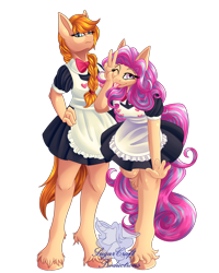 Size: 768x960 | Tagged: safe, artist:lilac blaze, oc, oc only, oc:dusty britches, oc:panty raid, earth pony, anthro, unguligrade anthro, ;p, bowtie, braid, clothes, colored, female, hoof fluff, looking at you, maid, one eye closed, peace sign, simple background, tongue out, transparent background, two toned mane, wink, winking at you