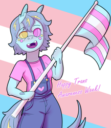 Size: 1230x1417 | Tagged: safe, artist:php93, oc, oc:stargrazer, changeling, anthro, anthro oc, changeling oc, clothes, heterochromia, overalls, pride, pride flag, transgender, transgender pride flag