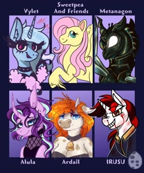 Size: 1707x2048 | Tagged: safe, artist:banoodle, fluttershy, queen chrysalis, starlight glimmer, trixie, oc, oc:blackjack, oc:upsetti spaghetti, changeling, changeling queen, cow, pony, unicorn, anthro, fallout equestria, fallout equestria: project horizons, g4, clothes, female, meta, pride flag, style emulation, trans female, trans trixie, transgender, twitter link