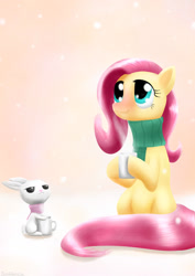 Size: 1200x1697 | Tagged: safe, artist:rautakoura, angel bunny, fluttershy, pony, g4, chocolate, clothes, cute, female, food, hot chocolate, looking up, mare, mug, scarf, shyabetes, sitting, snow, snowfall, winter