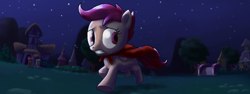 Size: 960x360 | Tagged: safe, artist:rautakoura, scootaloo, pegasus, pony, my little investigations, g4, cape, clothes, cmc cape, female, filly, night, night sky, ponyville, sky, trotting