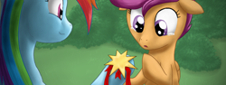 Size: 960x360 | Tagged: safe, artist:rautakoura, rainbow dash, scootaloo, pegasus, pony, my little investigations, g4, badge, crying, duo, female, filly, floppy ears, mare, scootalove, surprised, teary eyes
