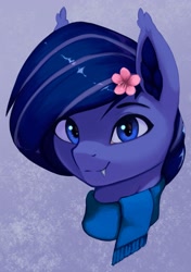 Size: 1791x2547 | Tagged: safe, artist:mrscroup, oc, oc only, oc:freudensonne, bat pony, pony, bust, clothes, fangs, flower, flower in hair, scarf, solo