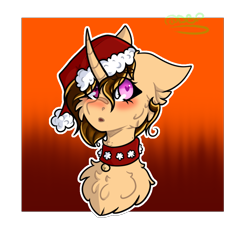Size: 858x804 | Tagged: safe, artist:blue pines, artist:dipper-blue-pines, oc, oc only, oc:eurydice, original species, pony, unicorn, blushing, christmas, female, fluffy, hat, holiday, horn, jewelry, mare, necklace, simple background, solo