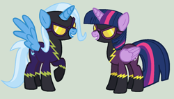 Size: 1058x606 | Tagged: safe, artist:jadeharmony, artist:maryponyartist, artist:sapphireartemis, trixie, twilight sparkle, alicorn, pony, g4, alicornified, base used, clothes, costume, female, goggles, gray background, grin, lesbian, mare, race swap, raised hoof, shadowbolts, shadowbolts costume, ship:twixie, shipping, simple background, smiling, trixiecorn, twilight sparkle (alicorn)