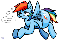 Size: 3075x2039 | Tagged: safe, artist:khaki-cap, rainbow dash, bumblebee, pegasus, pony, g4, butt, cutie mark, digital art, fat ass, flying, frown, high res, huge butt, large butt, mane, rainbutt dash, signature, simple background, tail, text, the ass was fat, thought bubble, transparent background, wings