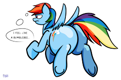 Size: 3075x2039 | Tagged: safe, artist:khaki-cap, rainbow dash, bumblebee, pegasus, pony, g4, butt, cutie mark, extra thicc, flying, frown, high res, hooves, huge butt, large butt, mane, multicolored hair, rainbow hair, rainbutt dash, rear view, signature, simple background, tail, text, the ass was fat, transparent background, underhoof, wings