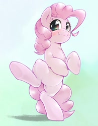 Size: 1298x1666 | Tagged: safe, artist:kurogewapony, pinkie pie, earth pony, pony, g4, bipedal, blushing, cute, diapinkes, female, legs in air, mare, raised leg, smiling, solo, standing, standing on one leg, underhoof