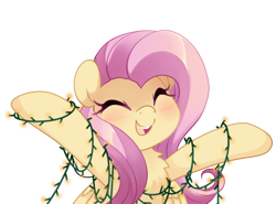 Size: 1353x1000 | Tagged: safe, artist:loyaldis, fluttershy, pegasus, pony, g4, blushing, bust, chest fluff, christmas, christmas lights, cute, eyes closed, female, happy, holiday, hooves out, mare, open mouth, shyabetes, simple background, smiling, solo, three quarter view, transparent background, wings