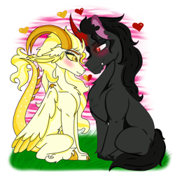 Size: 2048x2048 | Tagged: safe, artist:artmama113, king sombra, oc, original species, pony, unicorn, g4, blushing, canon x oc, chest fluff, femboy, gay, heart, high res, male, simple background, stallion, transparent background
