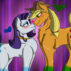 Size: 2048x2048 | Tagged: safe, artist:artmama113, applejack, rarity, earth pony, pony, unicorn, g4, abstract background, blushing, chest fluff, choker, female, freckles, hat, heart, high res, lesbian, looking at each other, makeup, mare, ship:rarijack, shipping, smiling