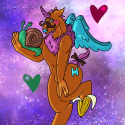Size: 2048x2048 | Tagged: safe, artist:artmama113, oc, oc only, alicorn, snail, anthro, alicorn oc, banana, bow, chest fluff, food, heart, high res, horn, makeup, space, tail bow, wings