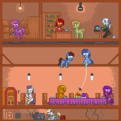 Size: 800x800 | Tagged: safe, artist:vohd, oc, oc only, oc:fading, oc:maple wood, oc:pegasusgamer, earth pony, pegasus, pony, spider, unicorn, animated, barrel, chair, chest fluff, frame by frame, fruit, male, pixel art, sitting, stallion, table, ych result