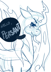 Size: 3000x4200 | Tagged: safe, artist:reallycoykoifish, queen chrysalis, changeling, changeling queen, g4, female, horn, jagged horn, looking at you, monochrome, peasant, side view, sketch, talking to viewer, tongue out