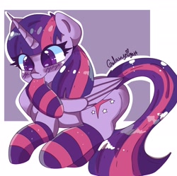 Size: 1920x1909 | Tagged: safe, artist:galaxynightt, twilight sparkle, alicorn, pony, g4, abstract background, blushing, clothes, colored pupils, cute, lying down, mouth hold, prone, socks, solo, striped socks, twiabetes, twilight sparkle (alicorn)