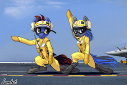 Size: 2500x1680 | Tagged: safe, artist:lunebat, oc, oc only, oc:plamya nochi, oc:speed chaser, earth pony, pony, unicorn, semi-anthro, aircraft carrier, arm hooves, bipedal, clothes, dassault rafale, duo, female, french flag, goggles, male, mare, military, rafale m, sign language, stallion