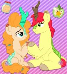 Size: 1280x1404 | Tagged: safe, artist:lovinglypromise, bright mac, pear butter, kirin, g4, female, holding hooves, kirin-ified, looking at each other, male, ship:brightbutter, shipping, species swap, straight