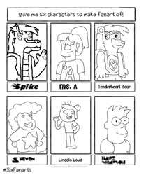 Size: 569x679 | Tagged: safe, artist:alpha-power, spike, bear, dragon, gem (race), human, hybrid, anthro, g4, bart simpson, bust, care bears, clothes, crappy art, crossover, female, grin, lincoln loud, lineart, male, monochrome, six fanarts, smiling, steven quartz universe, steven universe, tenderheart bear, the letter people (original), the loud house, the simpsons, waving