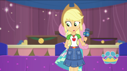 Size: 1920x1080 | Tagged: safe, screencap, applejack, fluttershy, best in show: the pre-show, equestria girls, g4, my little pony equestria girls: better together, applejack's shirt with a collar, applejack's skirt, belt, clothes, collar, collar shirt, cowboy hat, denim, denim skirt, dress, female, freckles, hair, hat, legs together, microphone, open mouth, ponytail, shirt, shirt with a collar, shy, skirt, t-shirt, teenager