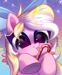 Size: 3300x4000 | Tagged: safe, artist:rrd-artist, oc, oc only, oc:bay breeze, pegasus, pony, big eyes, bow, candy, candy cane, chibi, commission, cute, female, food, hair bow, heart eyes, mare, ocbetes, tongue out, underhoof, weapons-grade cute, wingding eyes, ych result