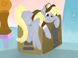 Size: 2000x1500 | Tagged: safe, alternate version, artist:lowname, derpy hooves, pegasus, pony, g4, cardboard box, clothes, female, hat, mare, outdoors, signature, solo, tree