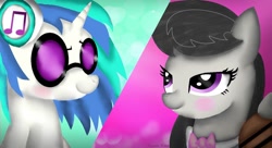 Size: 1080x589 | Tagged: safe, alternate version, artist:rxndxm.artist, dj pon-3, octavia melody, vinyl scratch, earth pony, pony, unicorn, g4, slice of life (episode), blushing, bowtie, bust, colored, duo, female, headphones, mare, smiling, sunglasses