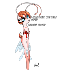 Size: 1900x1900 | Tagged: safe, artist:plaguemare, oc, oc only, oc:chip breeze, breezie, antennae, big eyes, body markings, bondage, bow, breezie oc, christmas, dialogue, gift wrapped, hearth's warming eve, holiday, offscreen character, ribbon, short hair, short mane, short tail, simple background, white background, wings
