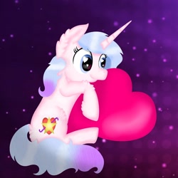 Size: 1080x1080 | Tagged: safe, artist:rxndxm.artist, oc, oc only, pony, unicorn, abstract background, ear fluff, eyelashes, heart, heart eyes, heart pillow, horn, hug, pillow, pillow hug, solo, unicorn oc, wingding eyes