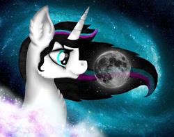 Size: 1080x849 | Tagged: safe, artist:rxndxm.artist, oc, oc only, oc:shooting star, pony, unicorn, bust, female, horn, mare, moon, pony bigger than a planet, smiling, solo, space, unicorn oc