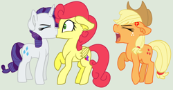 Size: 2054x1064 | Tagged: safe, artist:jadeharmony, artist:lynesssan, applejack, rarity, strawberry sunrise, earth pony, pegasus, pony, unicorn, g4, honest apple, angry, annoyed, applejack's hat, base used, cowboy hat, cross-popping veins, eyes closed, female, freckles, french kiss, gray background, hat, kissing, lesbian, mare, open mouth, raised hoof, shipping, simple background, strawberity, surprised