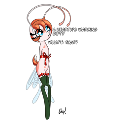 Size: 1900x1900 | Tagged: safe, alternate version, artist:plaguemare, oc, oc only, oc:chip breeze, breezie, antennae, big eyes, body markings, bondage, bow, breezie oc, christmas, clothes, dialogue, garter belt, garters, gift wrapped, hearth's warming eve, holiday, offscreen character, ribbon, short hair, short mane, short tail, simple background, socks, thigh garters, thigh highs, white background, wings