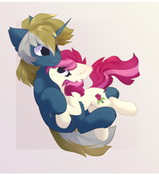Size: 1348x1480 | Tagged: safe, artist:php146, roseluck, oc, oc only, oc:wooded bastion, earth pony, pony, unicorn, g4, abstract background, canon x oc, cuddling, looking at each other