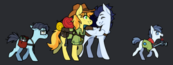 Size: 4724x1772 | Tagged: safe, alternate version, artist:sinclair2013, braeburn, shady daze, soarin', splash panel, earth pony, pegasus, pony, g4, adopted offspring, bag, braeburn's hat, camera, clothes, colt, folded wings, frown, gay, glasses, group, happy, hat, male, nudity, open mouth, raised hoof, raised leg, saddle bag, scarf, sheath, ship:soarburn, shipping, shirt, simple background, smiling, stallion, walking, wings